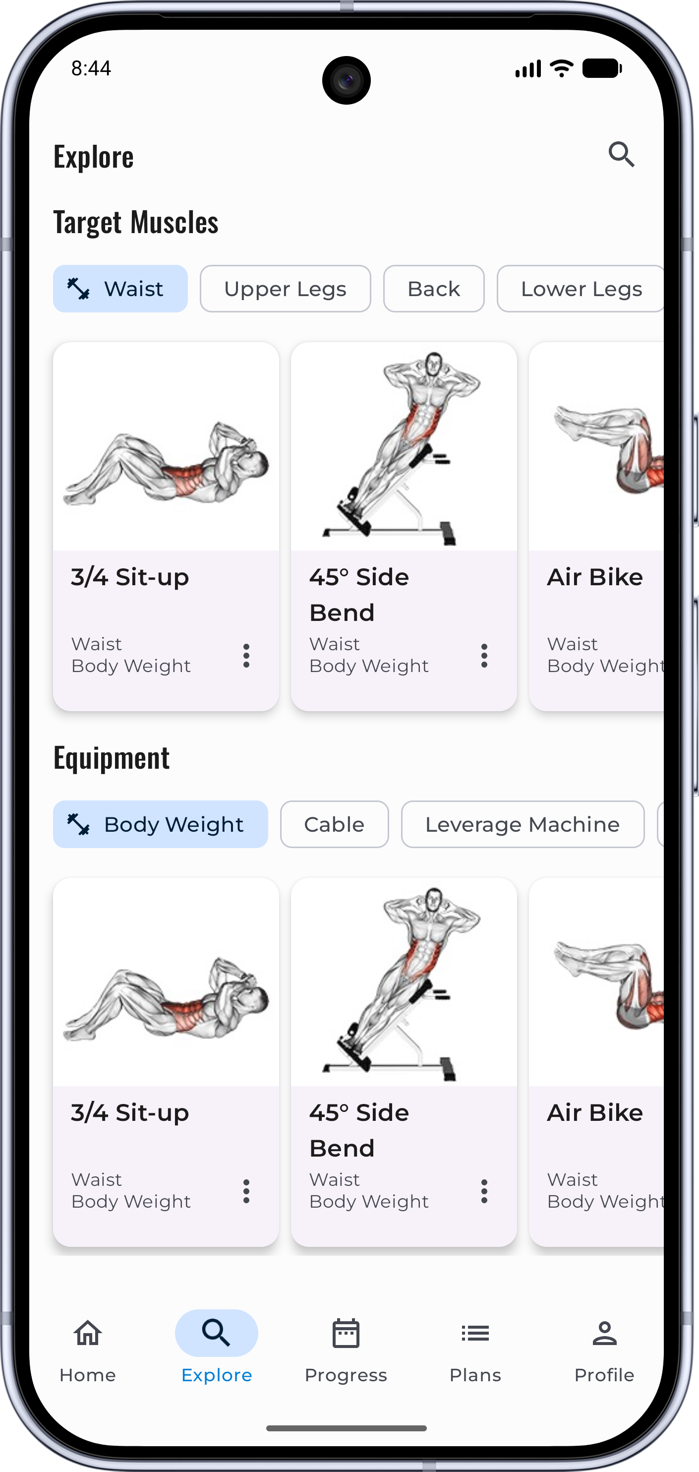 The exercise library, browsing by target muscle and equipment.
