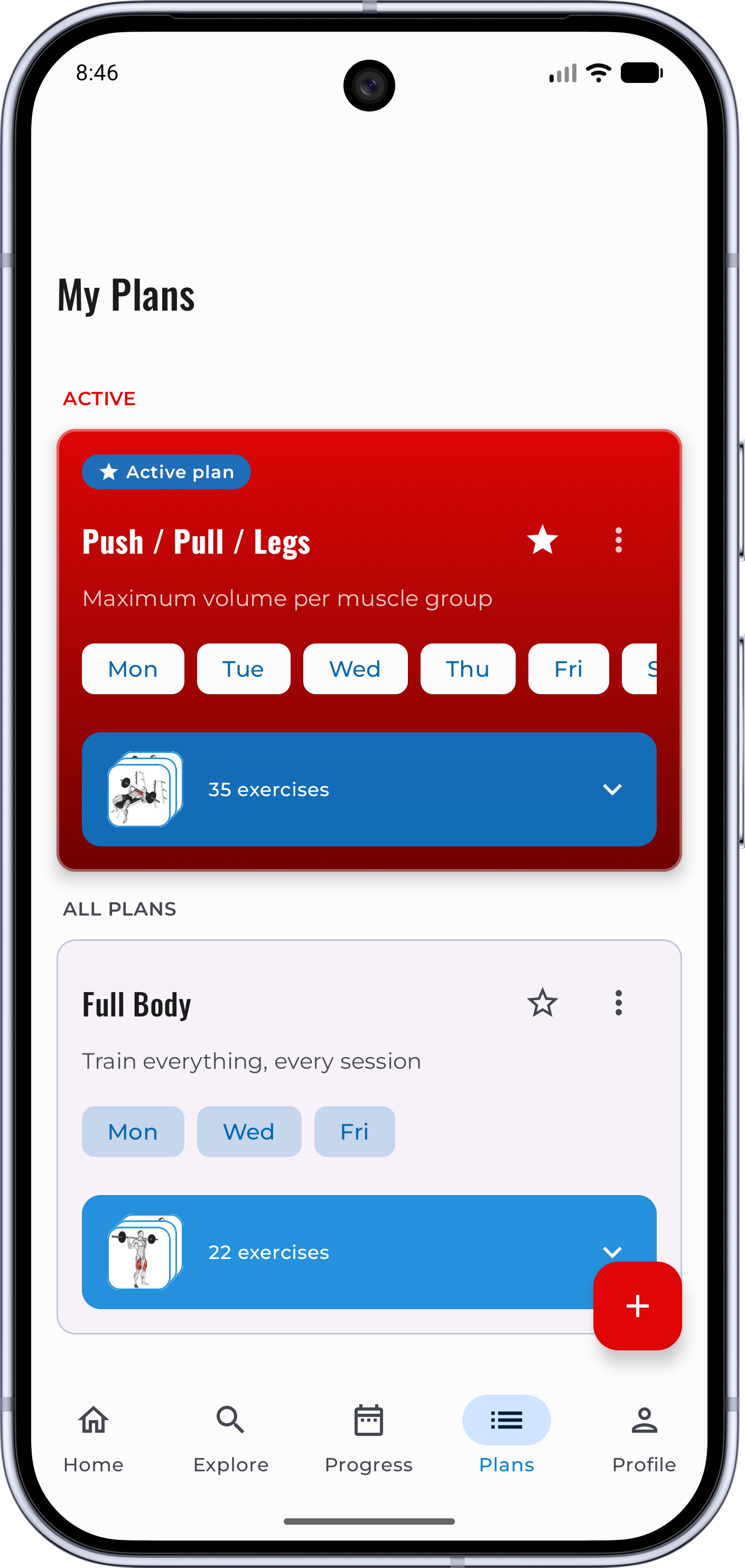 The plans screen with an active Push / Pull / Legs split.