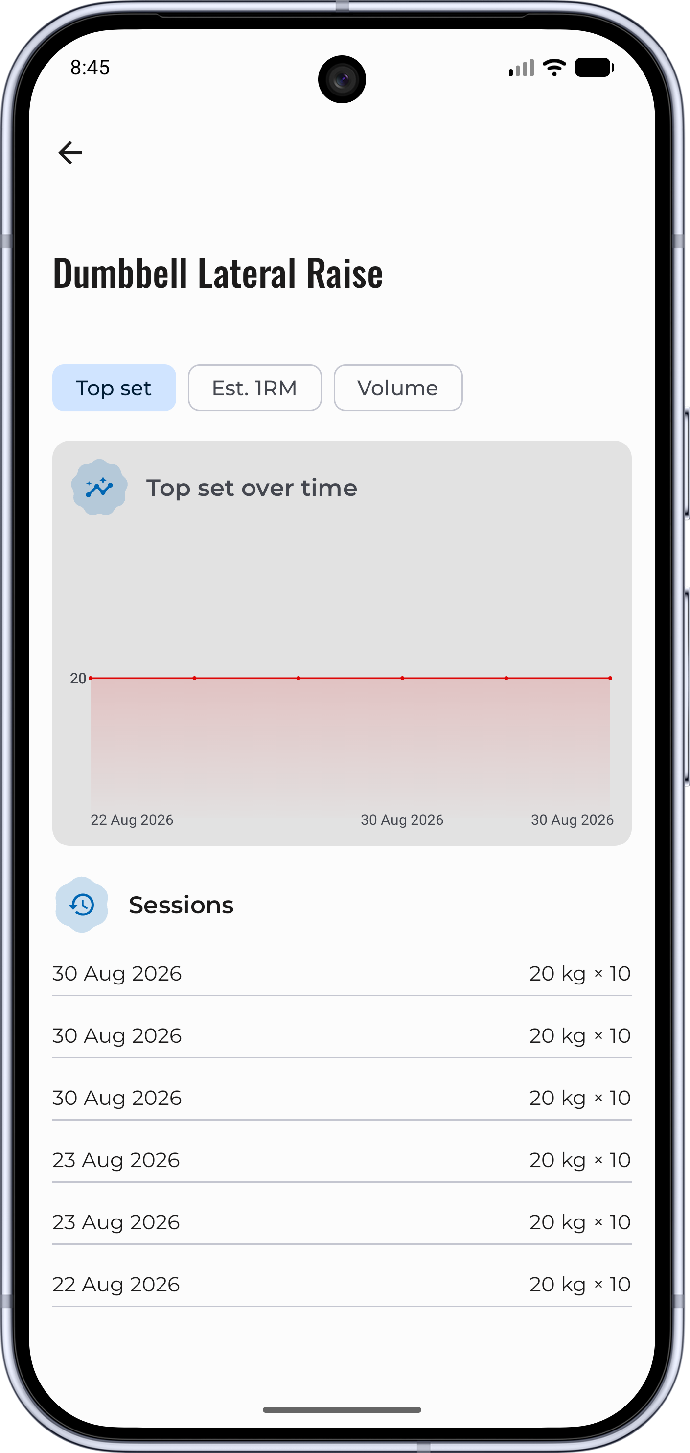 A per-exercise progress chart tracking top set and volume over time.