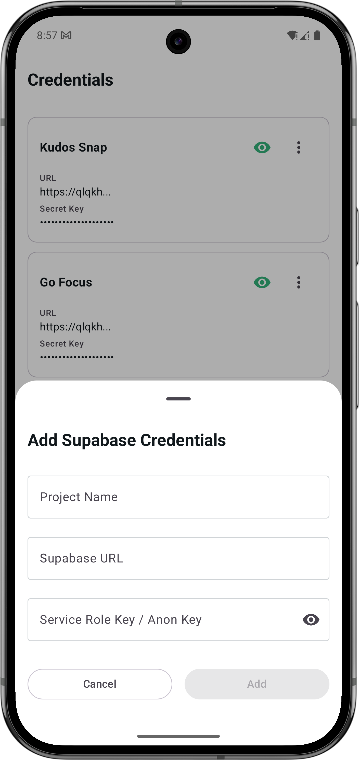 Multi-project credentials management screen on Android